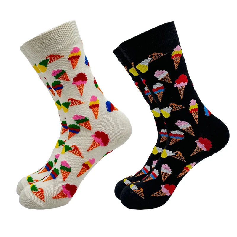 1pairs Fashion Breathable Black/white Simplicity Breathable Harajuku Ice Cream Printing Harajuku Skateboard Socks New