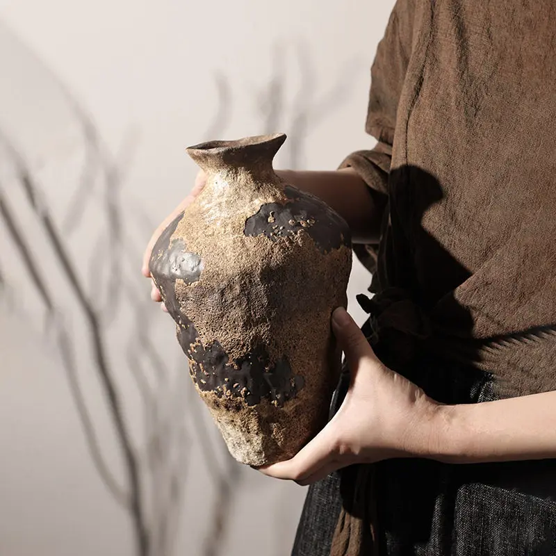 Wabi Sand Wind Retro Jingdezhen Ceramic Vase Ornament Living Room Dried Flower Arranger Advanced Sense