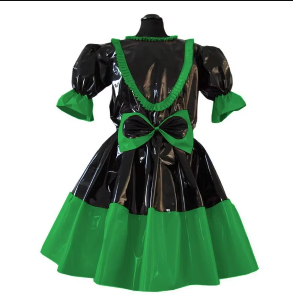 

Shiny Pvc Leather Short Sleeved Ruffled Loose Fitting Dress Sissy Cute Front Bow Girl Cross Dresser Party Daily Unisex Dress Cos