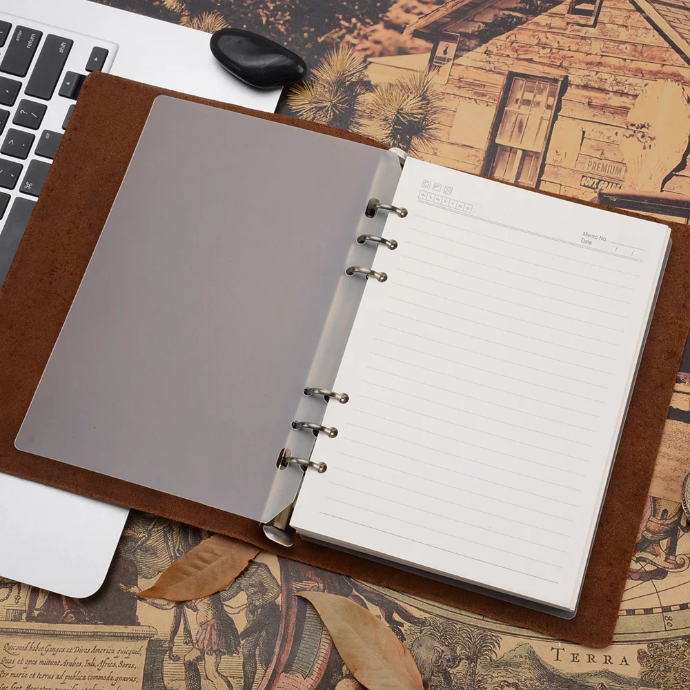 Carpeta de anillas de cuero clásico, cuaderno A5, cubierta de cuero genuino, diario, cuaderno de bocetos, planificador, papelería