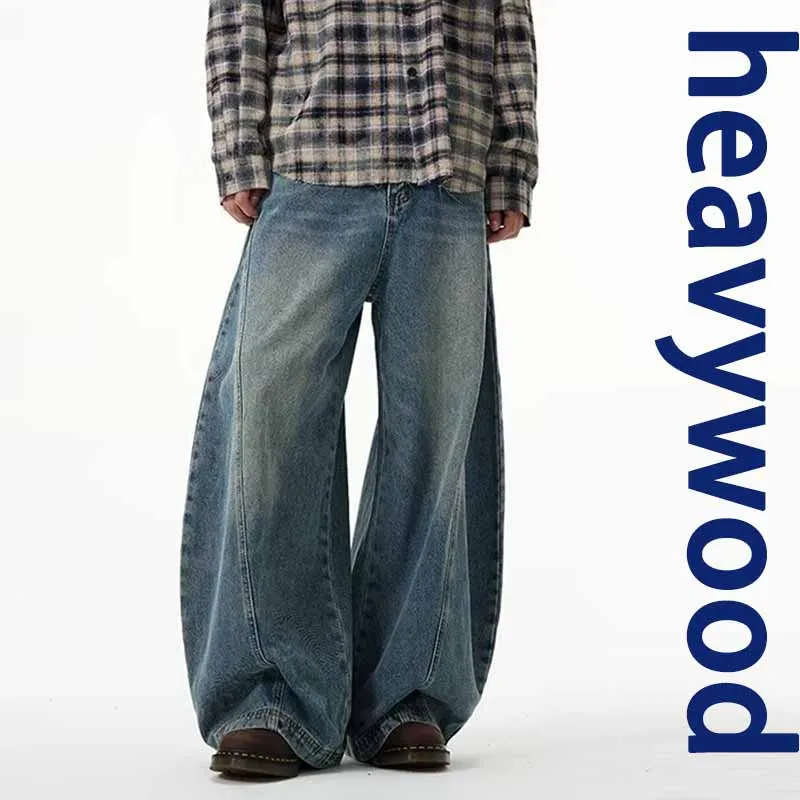 

2025 Spring New Men's Jeans Oversized Wide Leg Pants Loose Vintage Patchwork Lightning Cracked Denim Trousers Streetwear Male