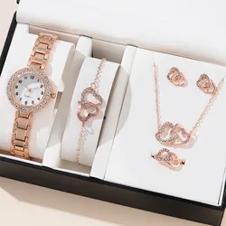 6PCS Set Ladies Watch Luxury Crystal Women Alloy Quartz Wristwatches Quartz Watch Casual Watch Necklace Bracelet Ring Set No Box