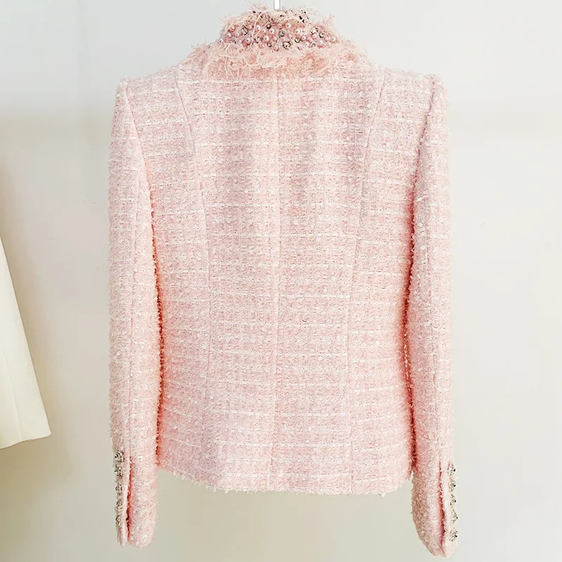 2025 Fashion Chic Crystal Pink Diamond Beading Pearls Coats Elegant knitted Circle style Casual Coat