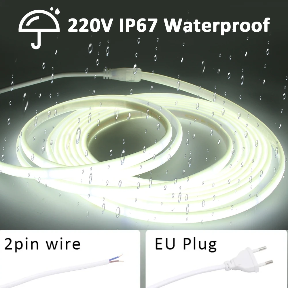 IP68 Waterproof COB LED Strip Light 220V EU 2Pin Wire 240Leds/M 3000K 4000K 6000K Home Decor Flexible Ribbon Linear Lighting