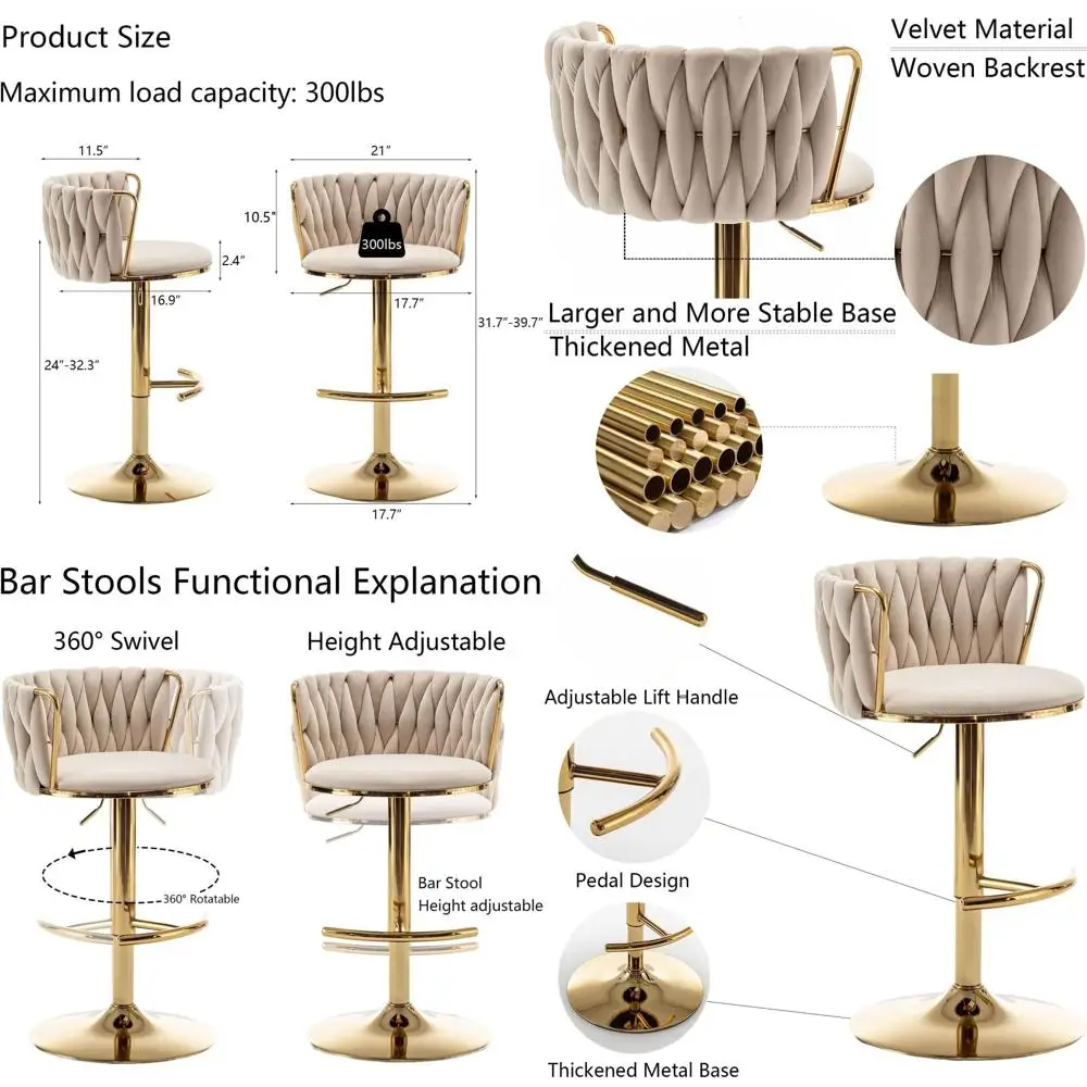 

Set of 3 Beige Velvet Swivel Bar Stools, Adjustable Counter Height with Back, Suitable for Kitchen Island, Pub, Club