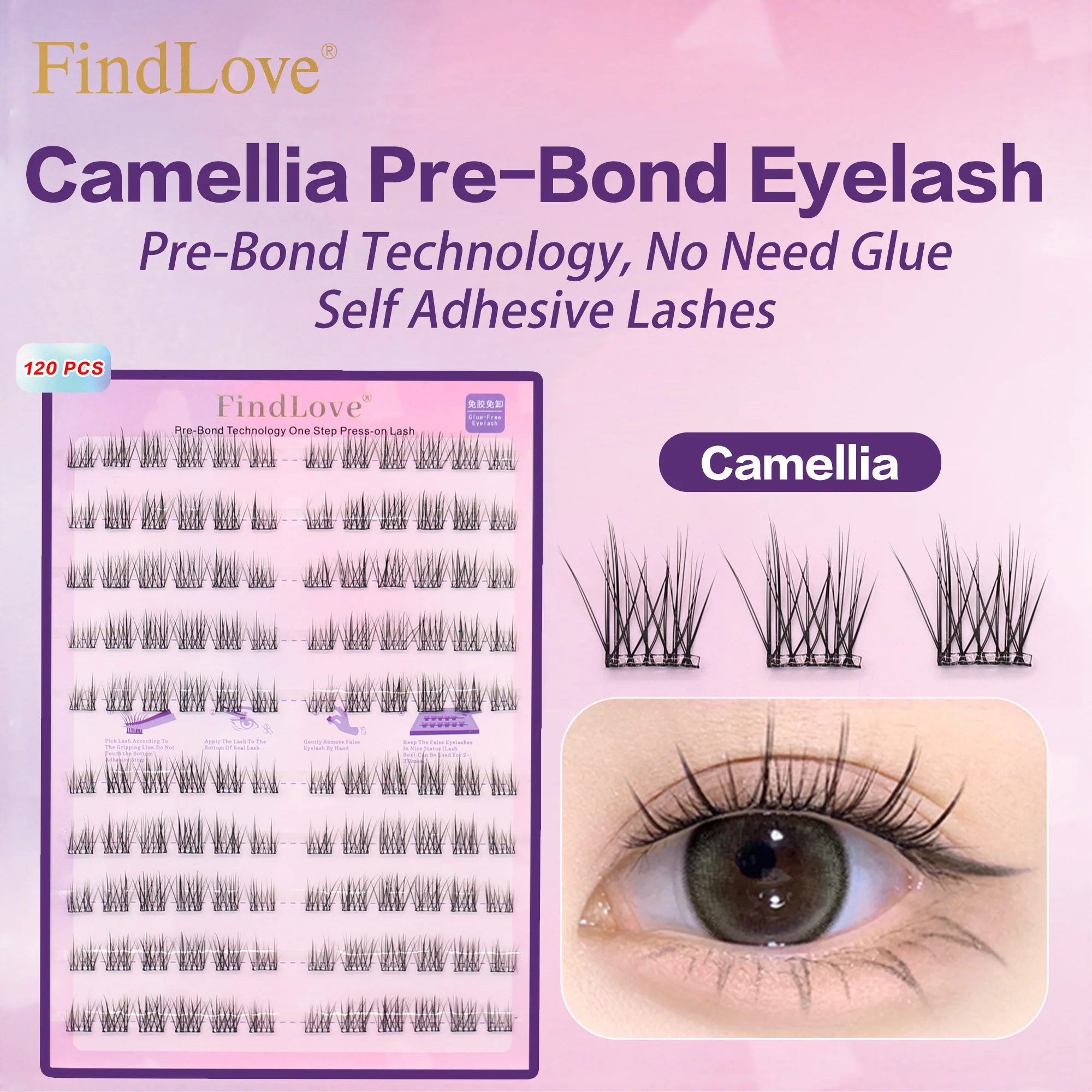 120PCS FindLove Camellia Eyelashes With Adhesive Glue Free Eyelash Extension Set For Beginner No Glue Need Eye Lash maquillaje