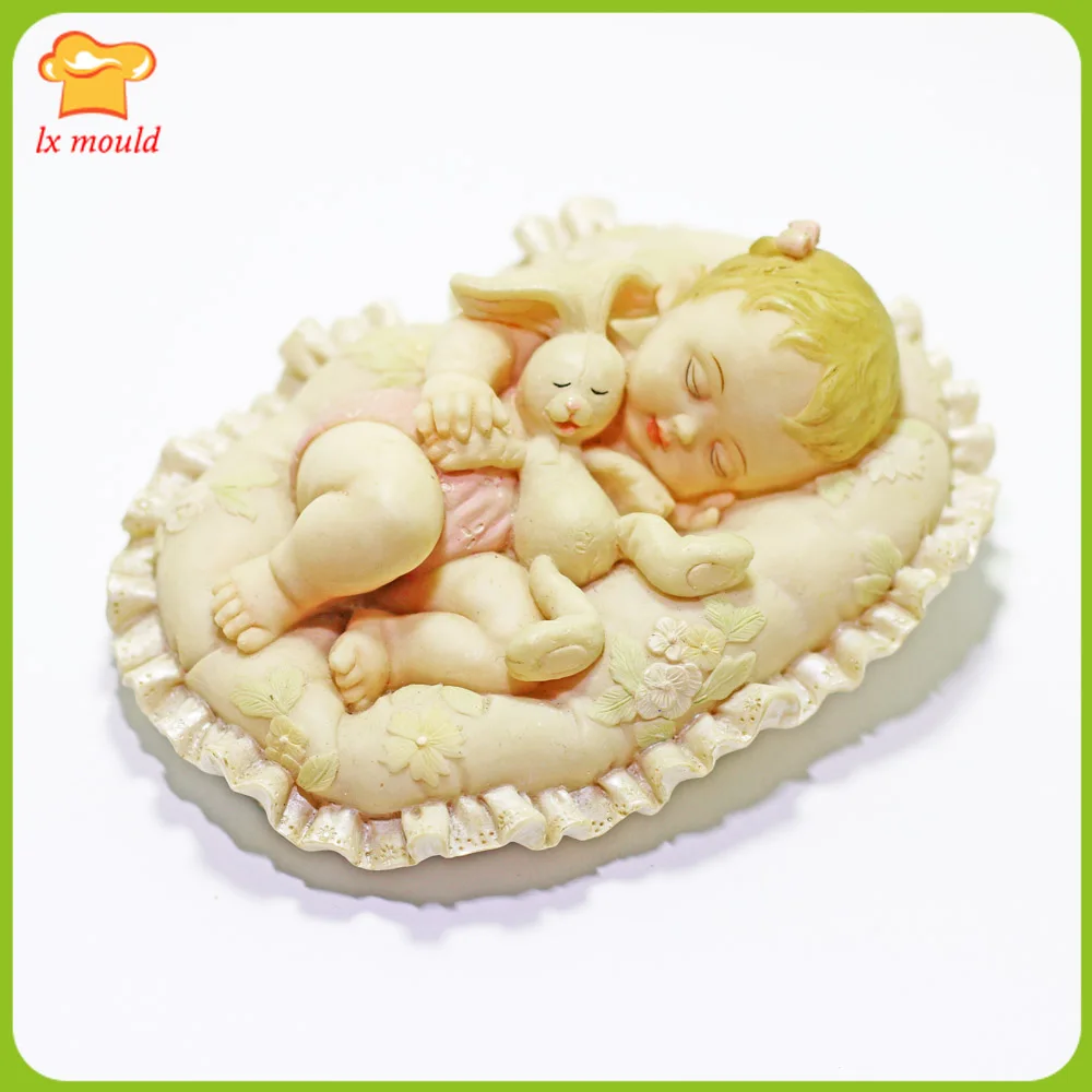 Baby & Muppet Rabbit Silicone Mould Hemmed Lace Cradle Girl Cake Decorate Chocolate Soap Candy DIY Mold 3D Sleeping Doll