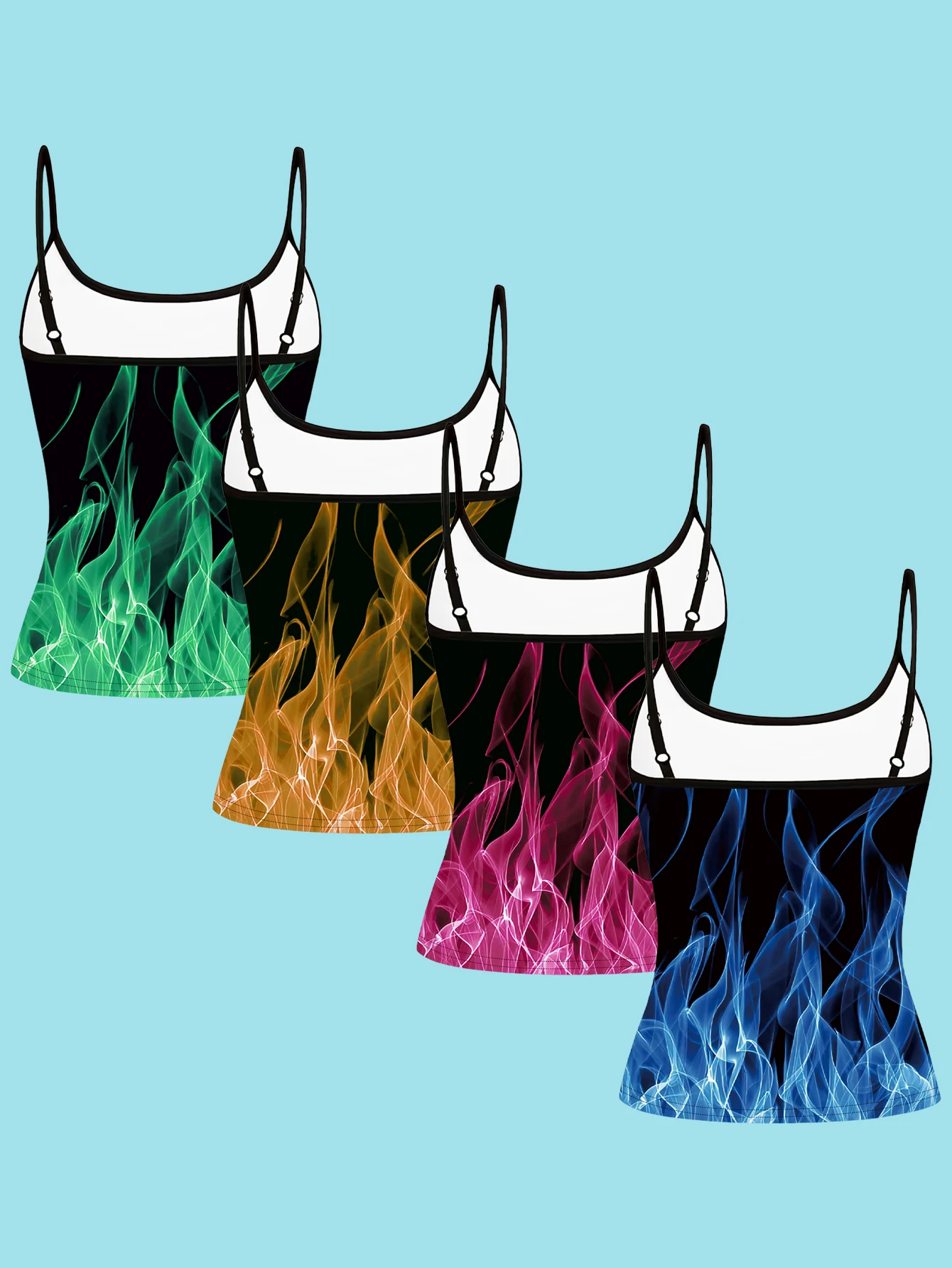4-Piece Set of Colorful Neon Flame Print Camisoles for Women, Trendy and Unique Spaghetti Strap Slim-Fit Inner Tops