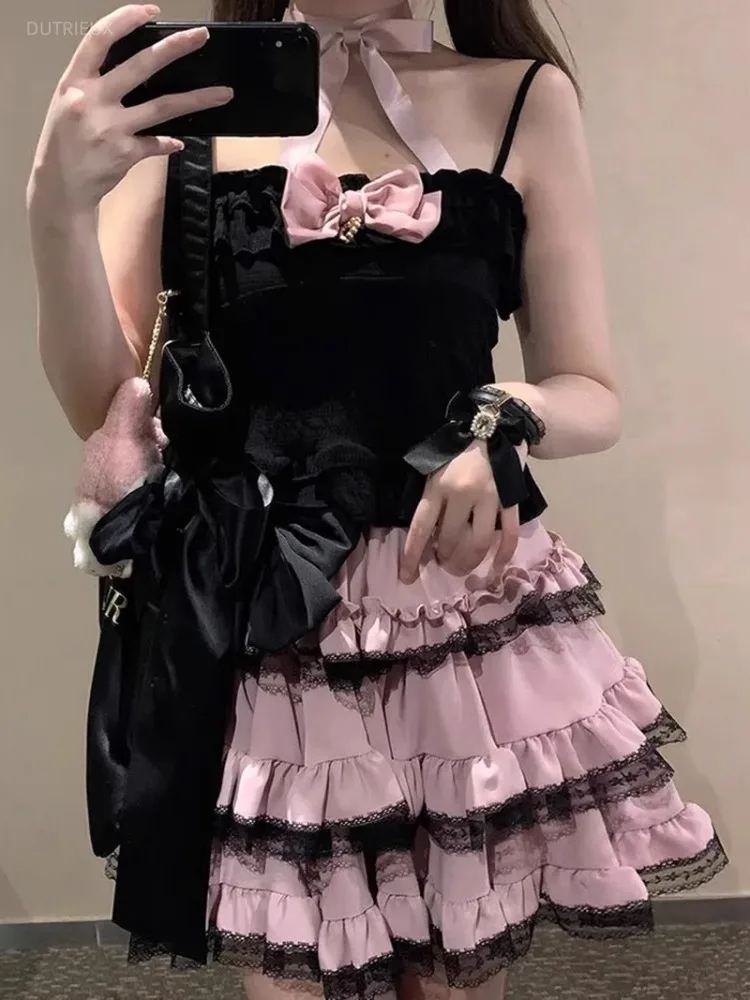 Harajuku Sweet Lolita A-line Skirt For Women Y2k High Waist Ruched Lace Cake Skirts 2026 Summer New Pink Faldas Mujer