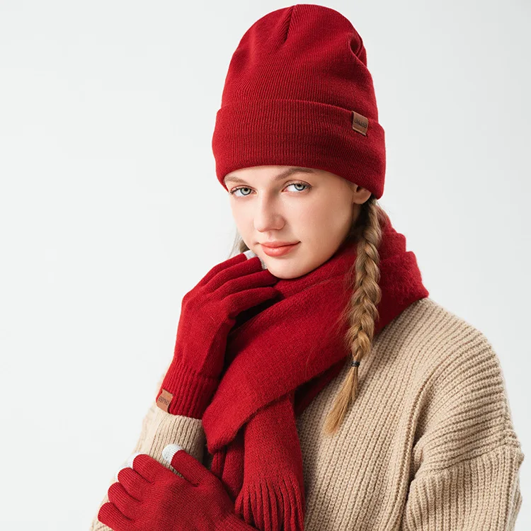 Women Winter 3Pcs Fleece Lined Knit Set Pom Pom Beanie Touch Screen Gloves Tassel Scarf Thick Warm Cold Weather Accessories