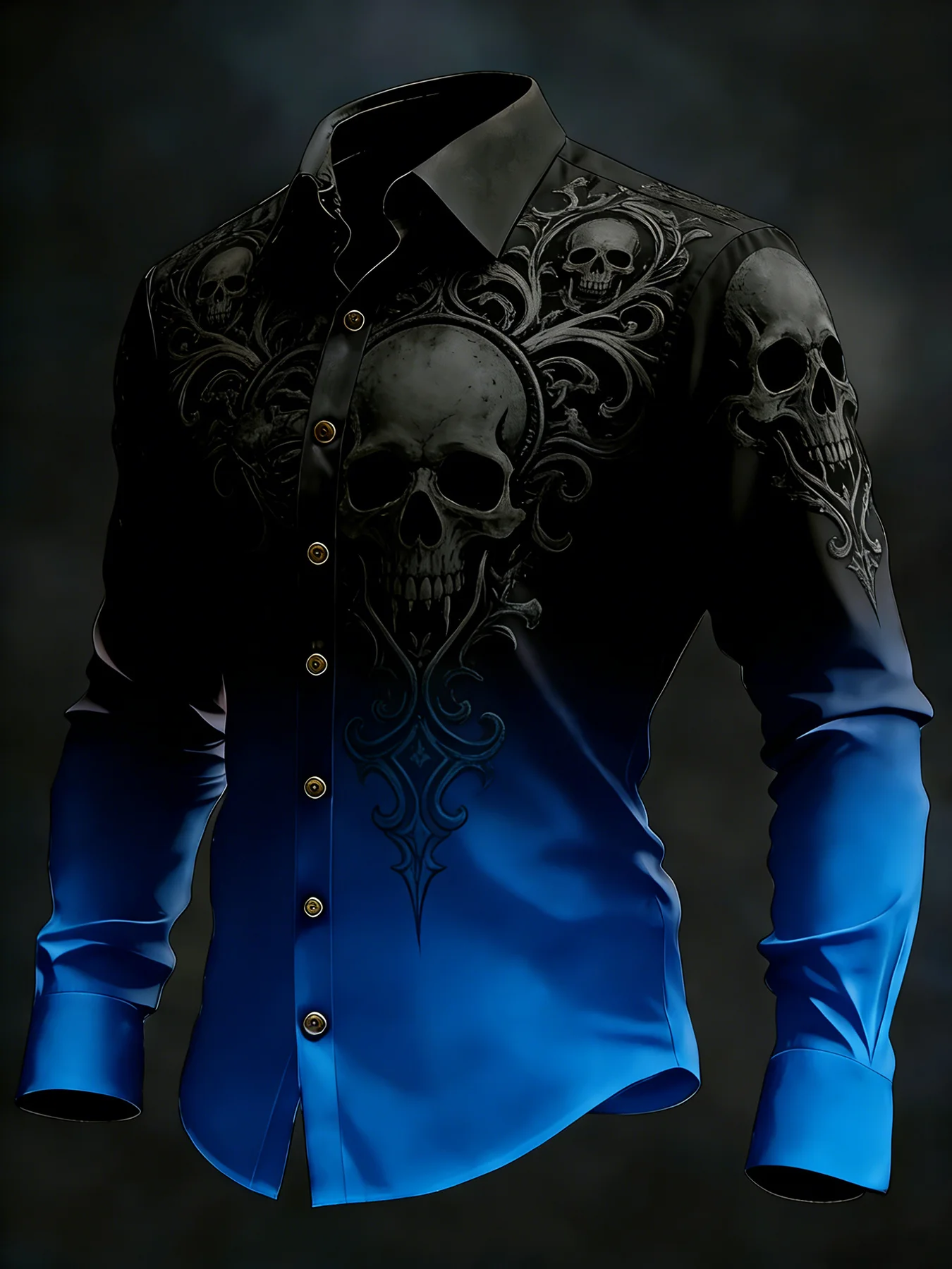 Fashion Men Black‑White Gradient Large Skull Vintage Baroque Graphic Long‑Sleeve Male Gothic Casual Tops