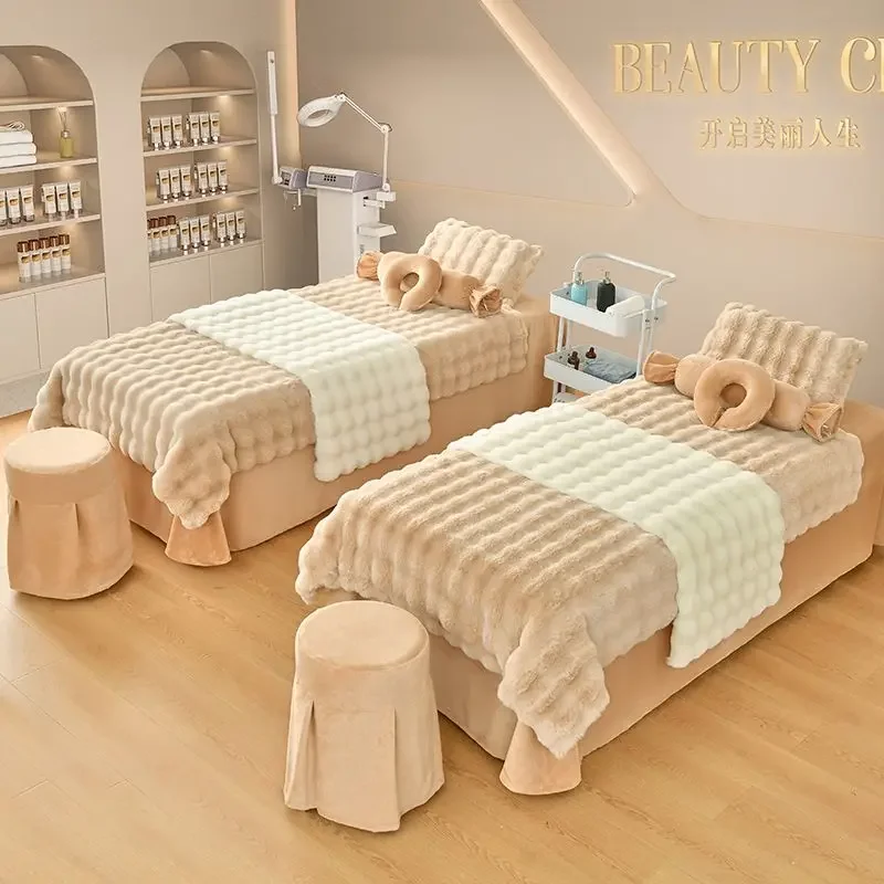 مجموعة أغطية سرير التجميل، تنورة سرير سبا للتدليك بفقاعات ناعمة، غطاء لحاف، كيس وسادة، غطاء مقعد، مجموعات مفروشات صالون التجميل، 4 قطع #4