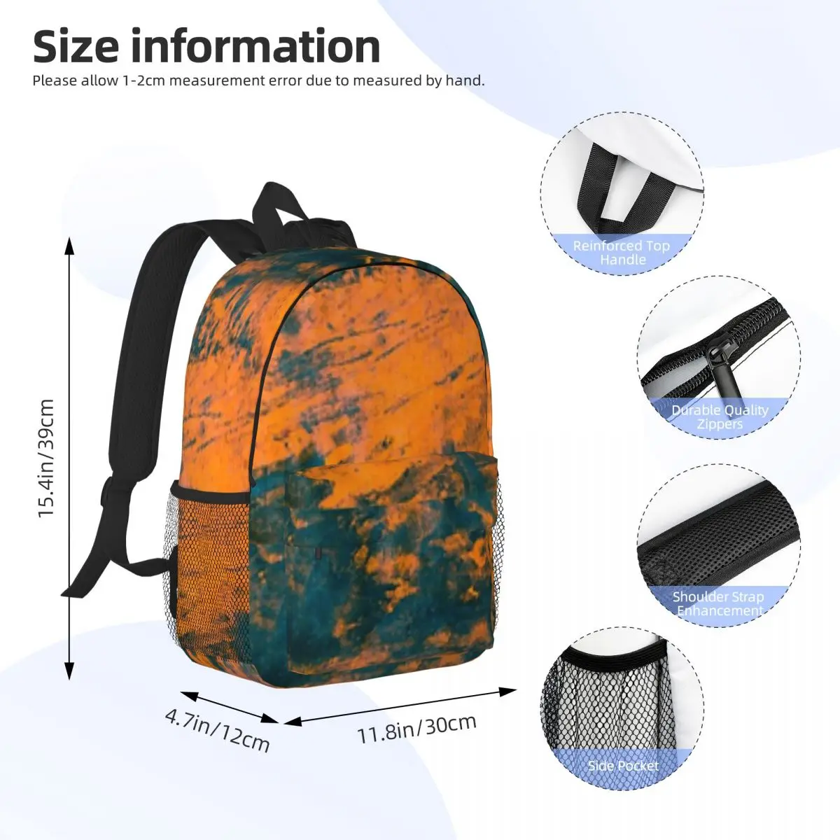 Mochila escolar de grande capacidade, mochila estudantil, floresta azul e laranja para meninas e crianças, 15in