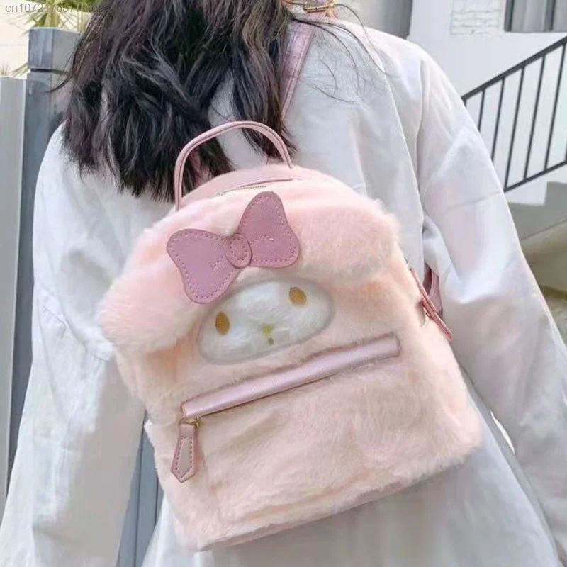 Sanrio Cinnamoroll Melody Y2k New Cotton Plush Furry Trendy Harajuku Woman Backpacks Cute Lolita Bowknot Fairy 2000s Schoolbag