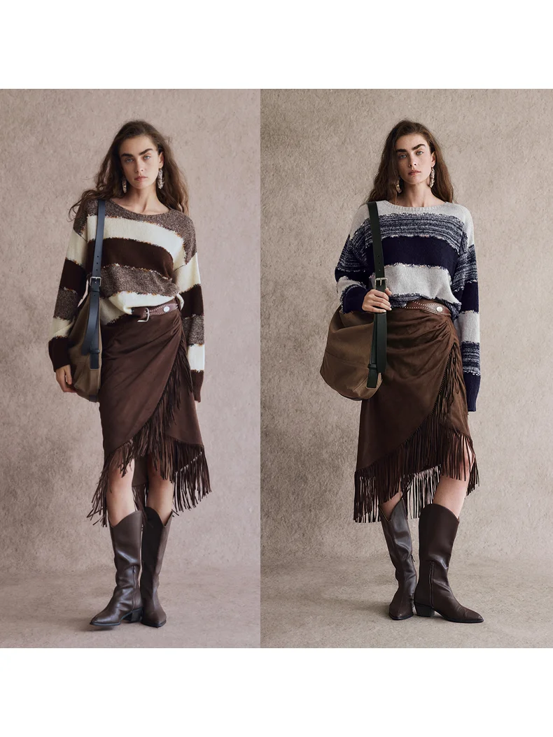 

Soft Knitted Alpaca Sweater Wide Stripe Color Blo Lightweight Casual Sle Long Sve round Ne Women's Knitwear