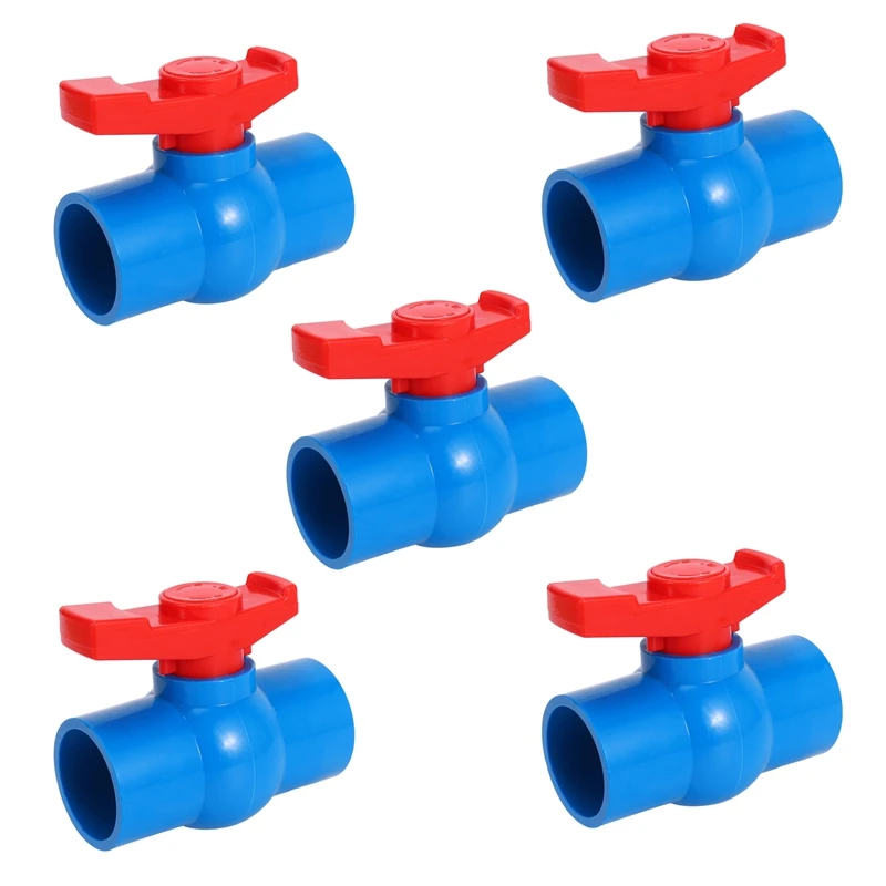 

New-5Pcs 40Mm X 40Mm Slip Full Port Red Handle Lever U-PVC Ball Valve Blue