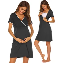 Ropa de dormir de maternidad 3 en 1 para Mujer, camisón plisado de manga corta para lactancia