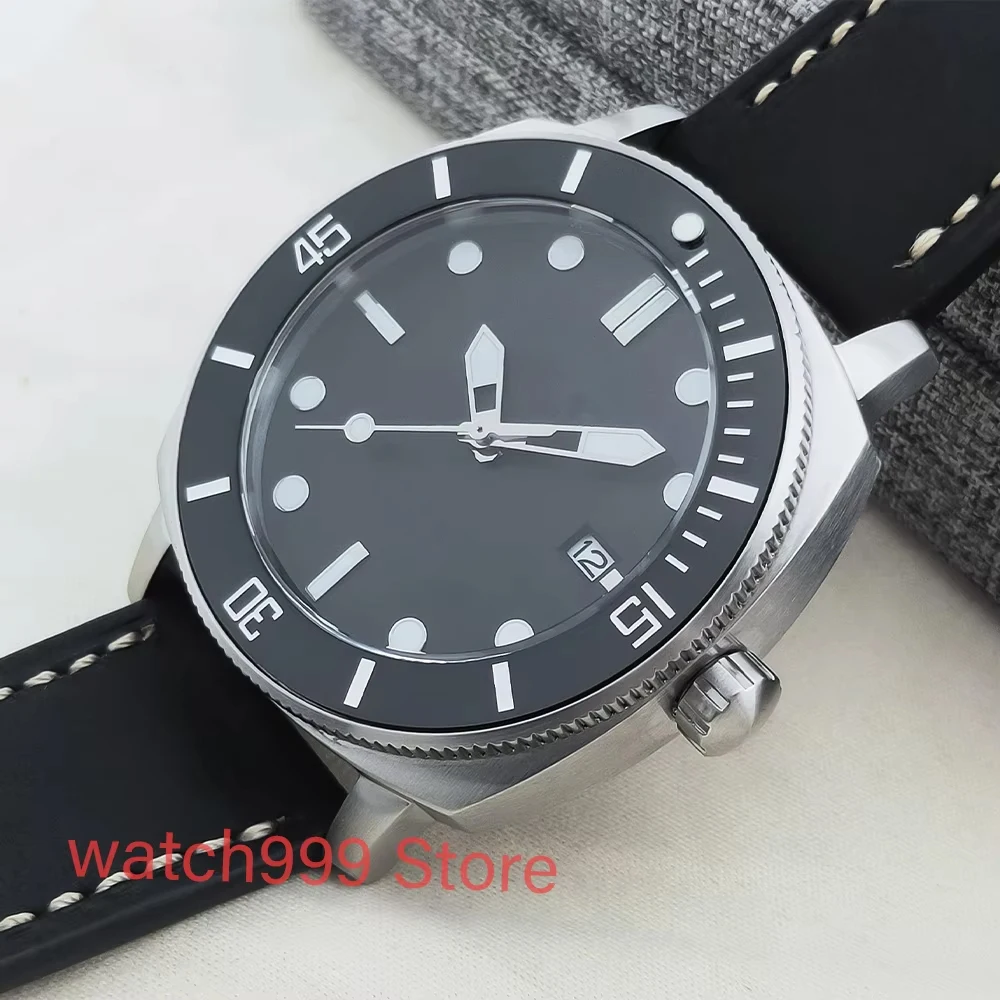 กระจกแซฟไฟร์นาฬิกาผู้ชายอัตโนมัติRelogio Masculino 42mmNH35 สายหนังสีขาวสีดําDialผู้ชายWatc