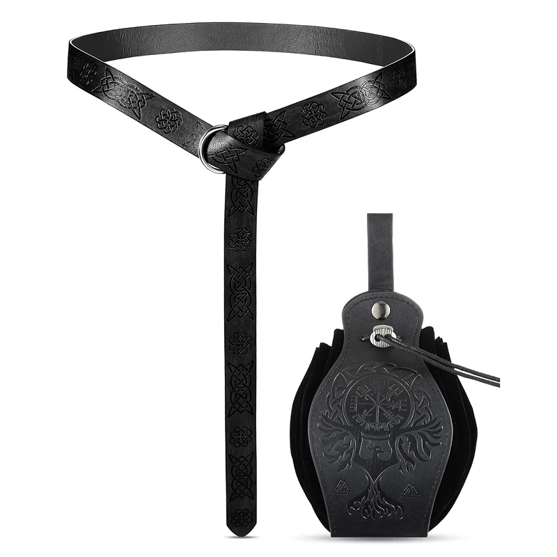 1 Stück 2 mittelalterlicher Retro-Gürtel, Unisex-Geldbörsen-Set aus Leder, Renaissance-Wikinger-Ritter-Accessoires, runde Ring-Gürtelschnalle, Renaissanc