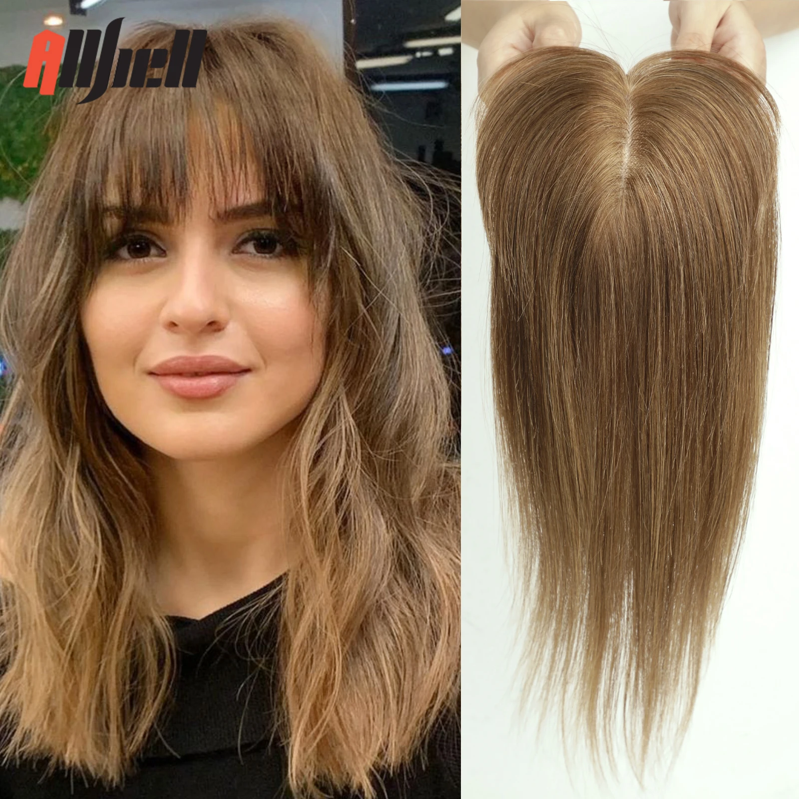 

14in Golden Brown Hair Toppers For Women Top Hairpieces 100% Remy Human Hair Topper With Bang Silk Base Clip In Topper For Women