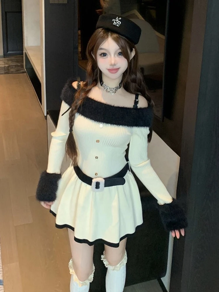 

Women Knitted Mini Dress Autumn Hottie Slash Neck Patchwork Fashion Camisole Dresses Off Shoulder Belt Button Casual Vestidos
