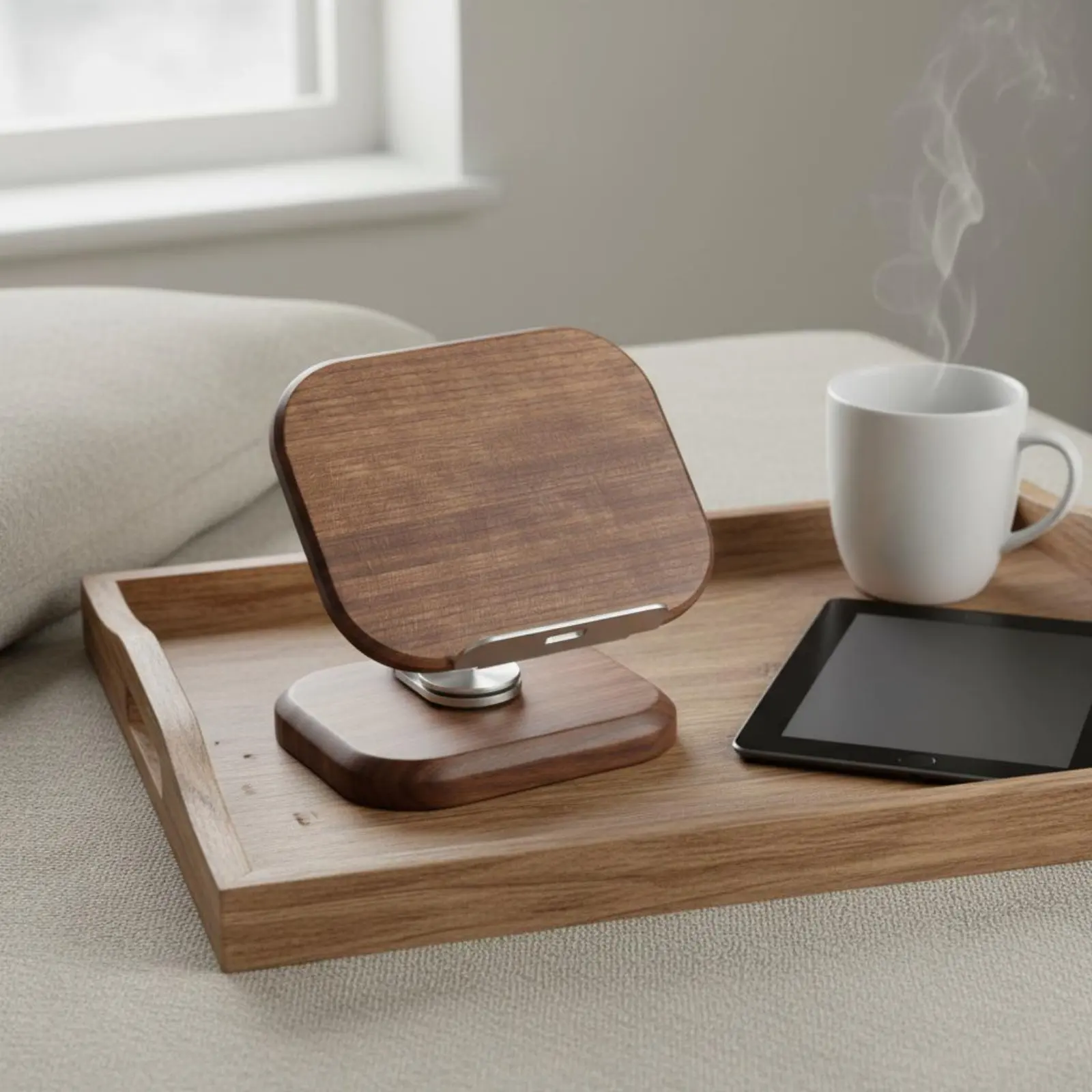 360 Rotating Desk Phone Stand Sturdy Wood Black Walnut Tablet Holder Wooden Phone Stand Adjustable Angle for Bedside, Office