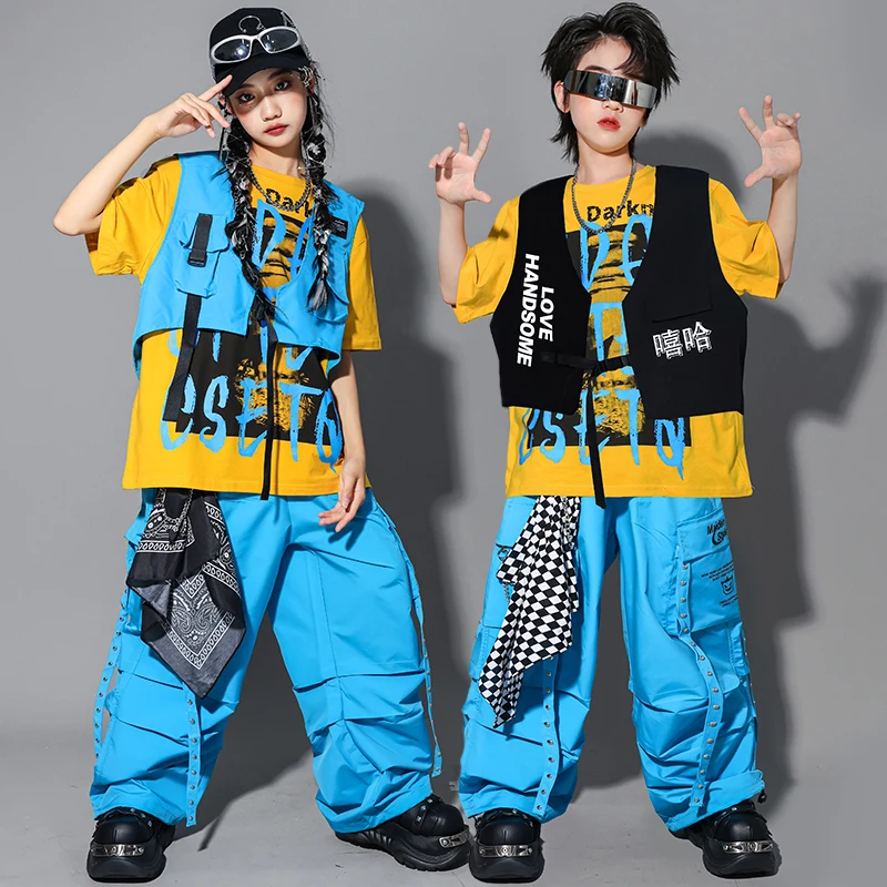 Camiseta K-pop para niños, chaleco, pantalones Cargo, pantalones cortos de Hip Hop para niñas, disfraz, ropa de calle para niños, conjuntos de ropa de baile callejero de Jazz para niños