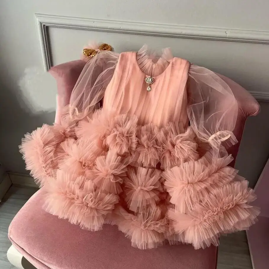 

Real Picture Pink Tulle Baby Girls Dresses with Long Sleeves Tutu Outfit Lolita Flower girl Dress New Year Clothing Kid 1-12T