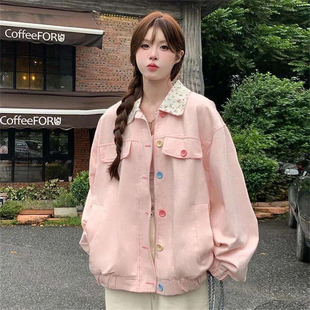 New Fashion College Style Dopamine Style Floral Lapel Jacket Women's Spring and Autumn New Design Loose Coat Top