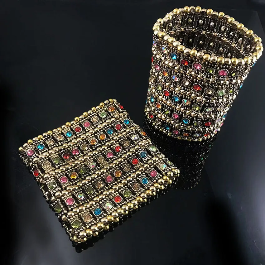 Classic Fashion Elastic Wide Bracelets Retro Punk Exaggerated Five Row Crystal Retractable Woven Beaded hand decoration