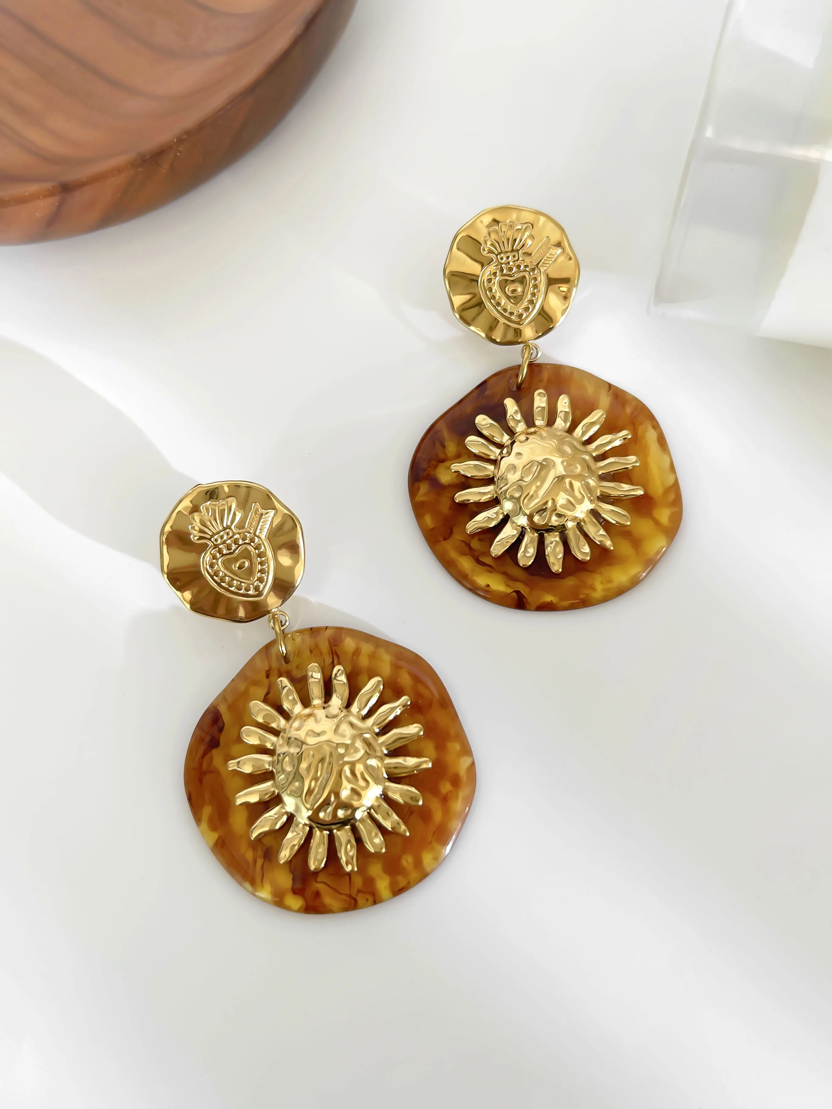 Peri'sbox Vintage Amber Resin Golden Sun Geometric Drop Earrings for Women Trendy Stainless Steel Party Daily Jewelry Waterproof