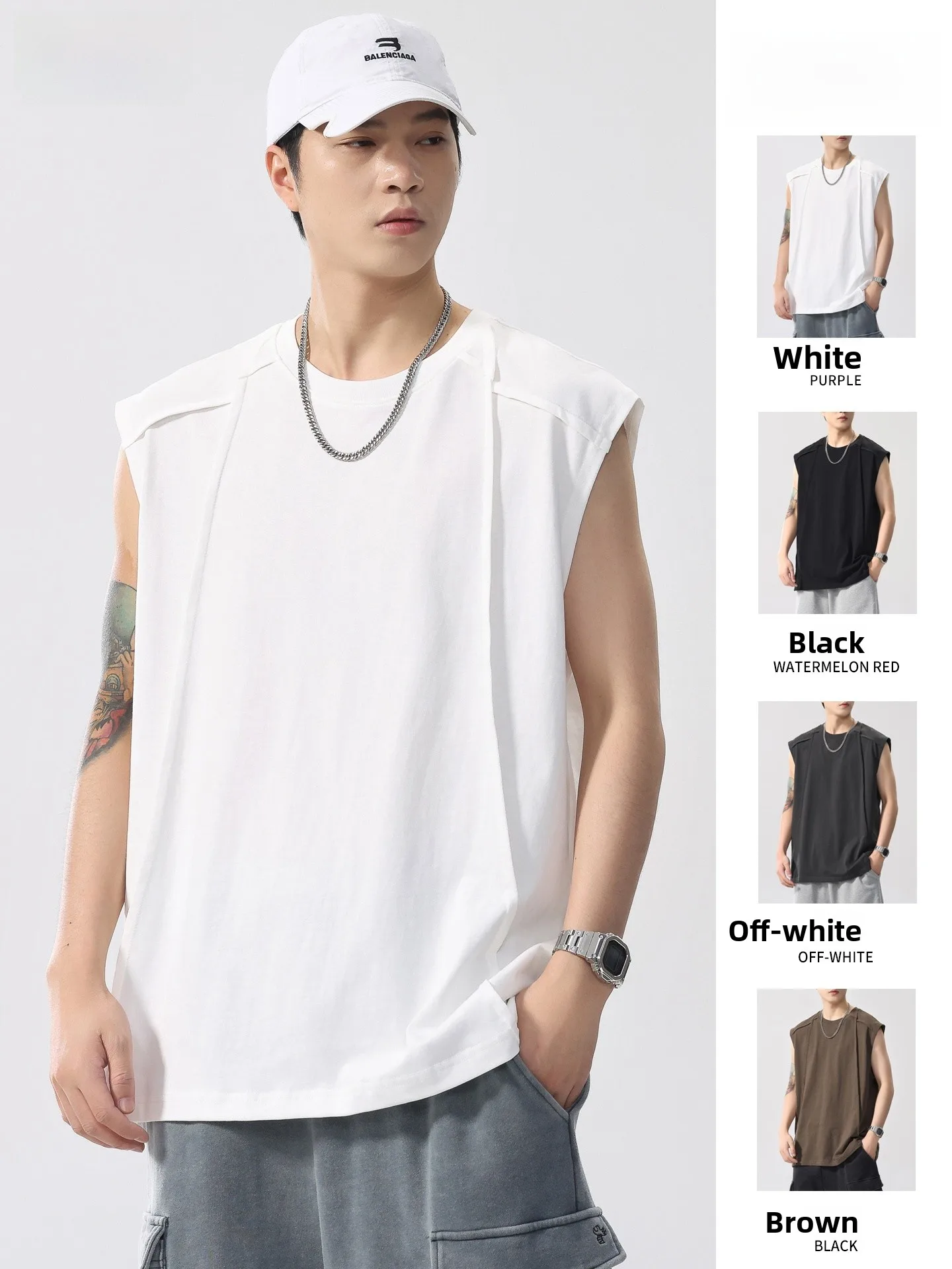 

White Pure Cotton Summer Loose Ice Silk T-irt Men's Casual Vest Cool Feeling Splicing Lightweight Breathable round Ne Top