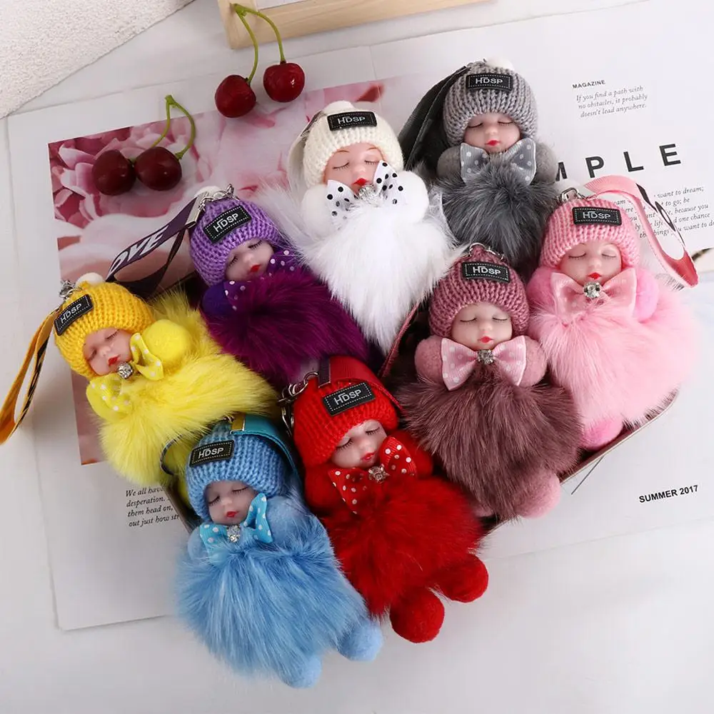 Kawaii Backpack Jewelry Gift Cars Key Ring Ball Pendant Sleeping Baby  Pompom Keyring Fluffy    Keychain