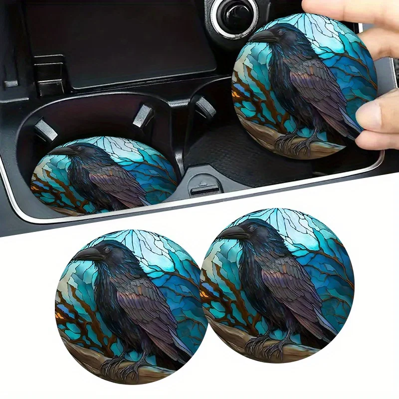 2pcs Black Crow Car Cup Holder Coasters - Gothic Non-Slip Acrylic Suitable For Cleaning & Drying Car Interiors, Fit For Dashboar