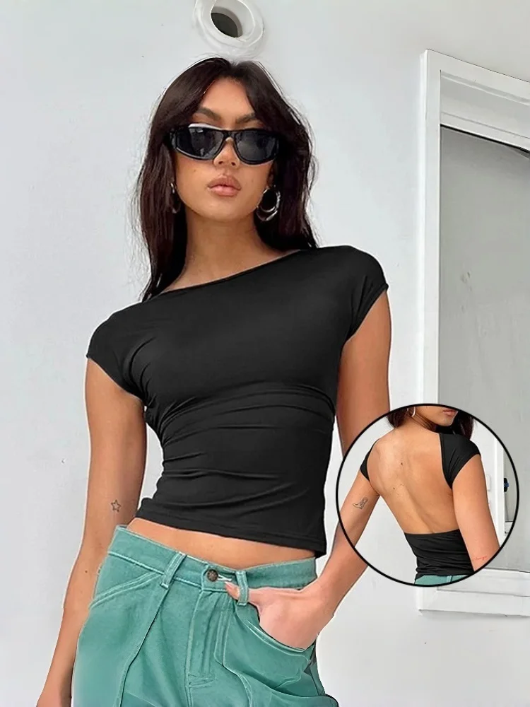 

Women's 2026 Summer Sexy Backless Cropped T Shirt Half High Neck Cutout Slim Fit Breathable Base Layer Short Sleeve Top