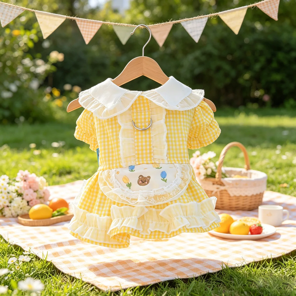Vestido Amarillo a Cuadros con Volantes para Mascotas Pequeñas, Perros y Gatos, Traje Bordado para Cachorros, para Teddy, Bichón, Pomerania, Yorkshire, Maltese