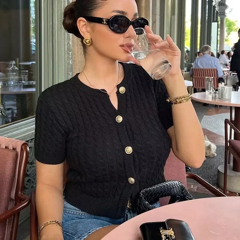 

HXAO 2024 Women Sweater Red Black Gray Knit Cardigan for Women Autumn Knitwears Top Short sleeved Cropped Knitted Sweater Vests