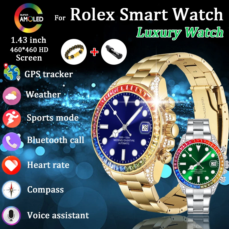 For Rolex Luxury SmartWatch Men Compass GPS Track AMOLED Always Displays Diamond Border Temperature Clock BT Call Smartwatch+BOX