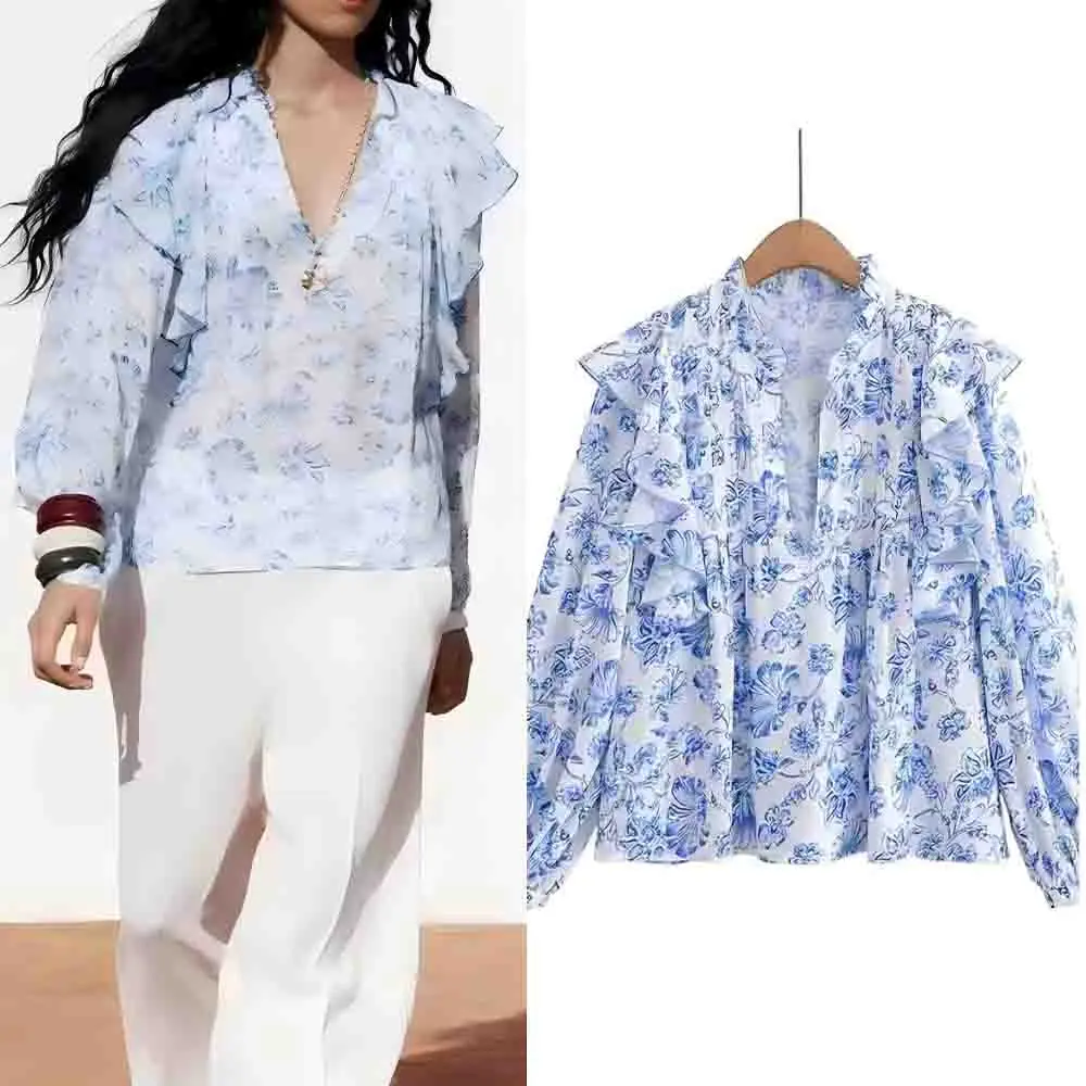 

Women's 2025 new fashion layered decorative print V-neck shirt retro long sleeved women's shirt chic top