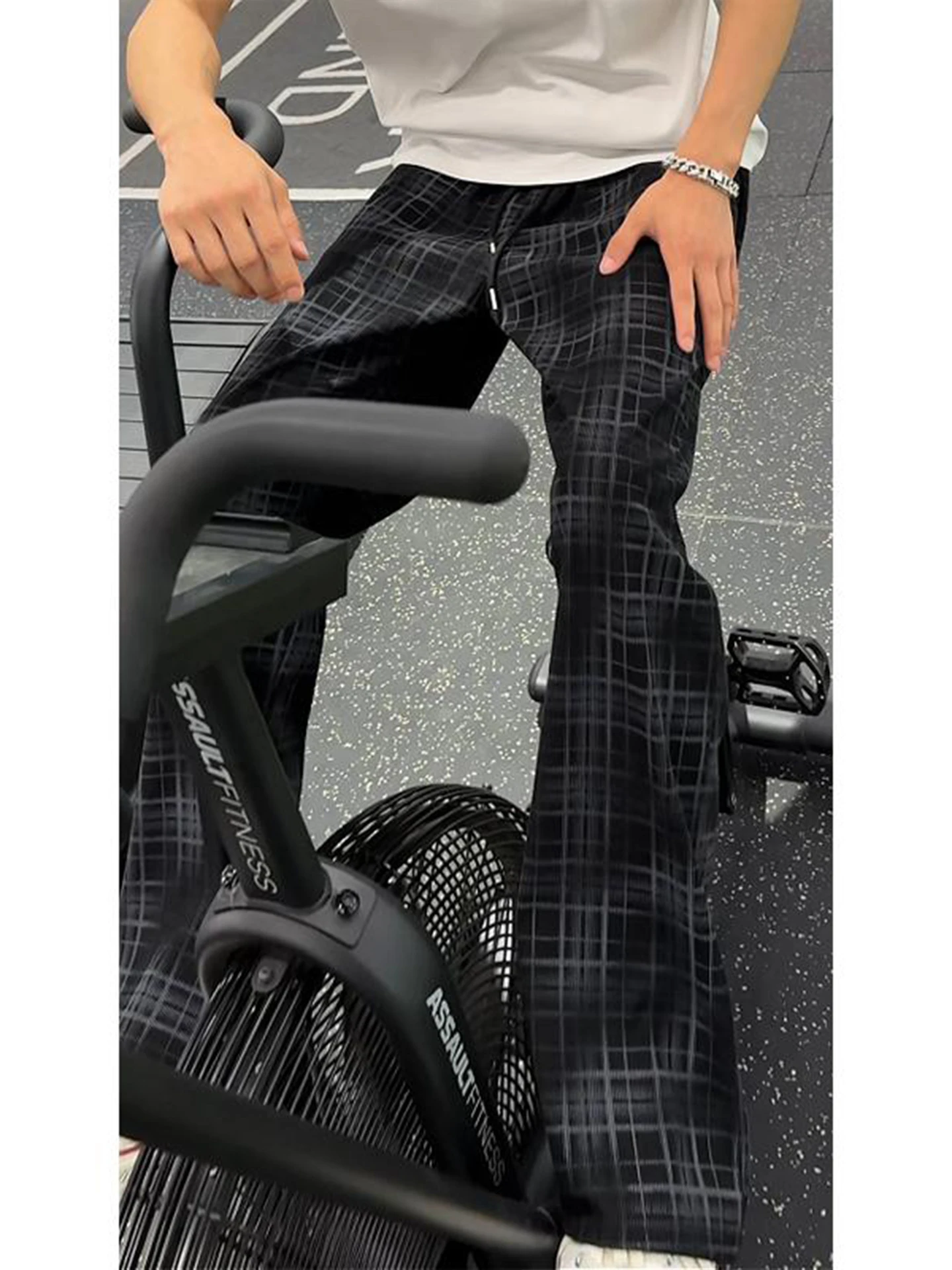Black American Dyed Plaid Men's Summer Thin Loose Micro Flared Retro Straight Leg Sports Casual Pants Clean Fit Elastic Waist