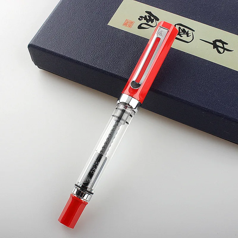 Blue Tip Transparent Fountain Pen, Plastic, F/EF/Hooded Nib, Piston Filling, Ink Pen, Office and School Stationery