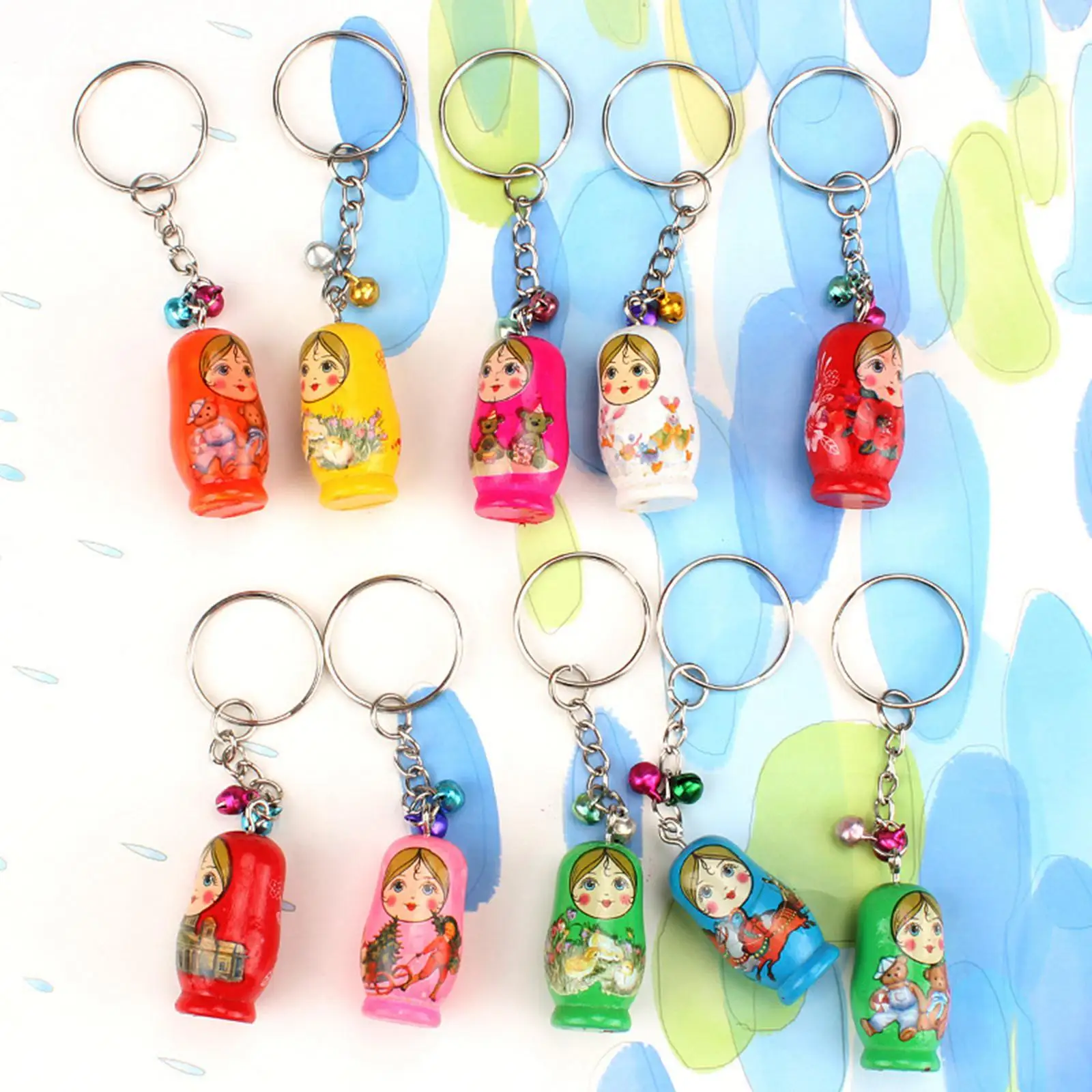 12x Wooden Stacking Dolls Pendant Wood Matryoshka Russian Dolls Key Rings Charms for Bags Unisex Purse Men Backpack