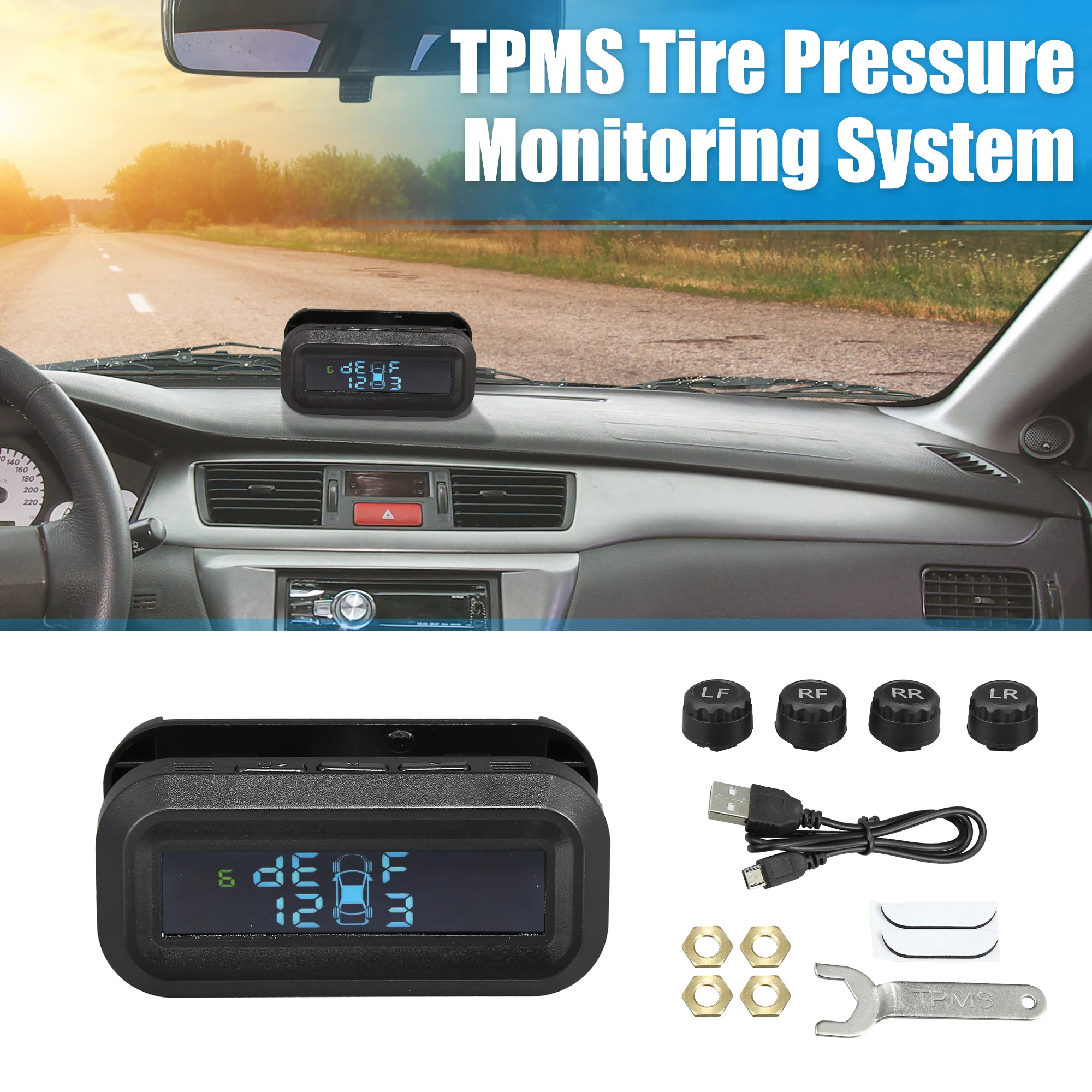 X Autohaux 1 Set TPMS Tire Pressure Monitoring System Solar Power Car Tire Pressure Monitoring System Temperature LCD Display