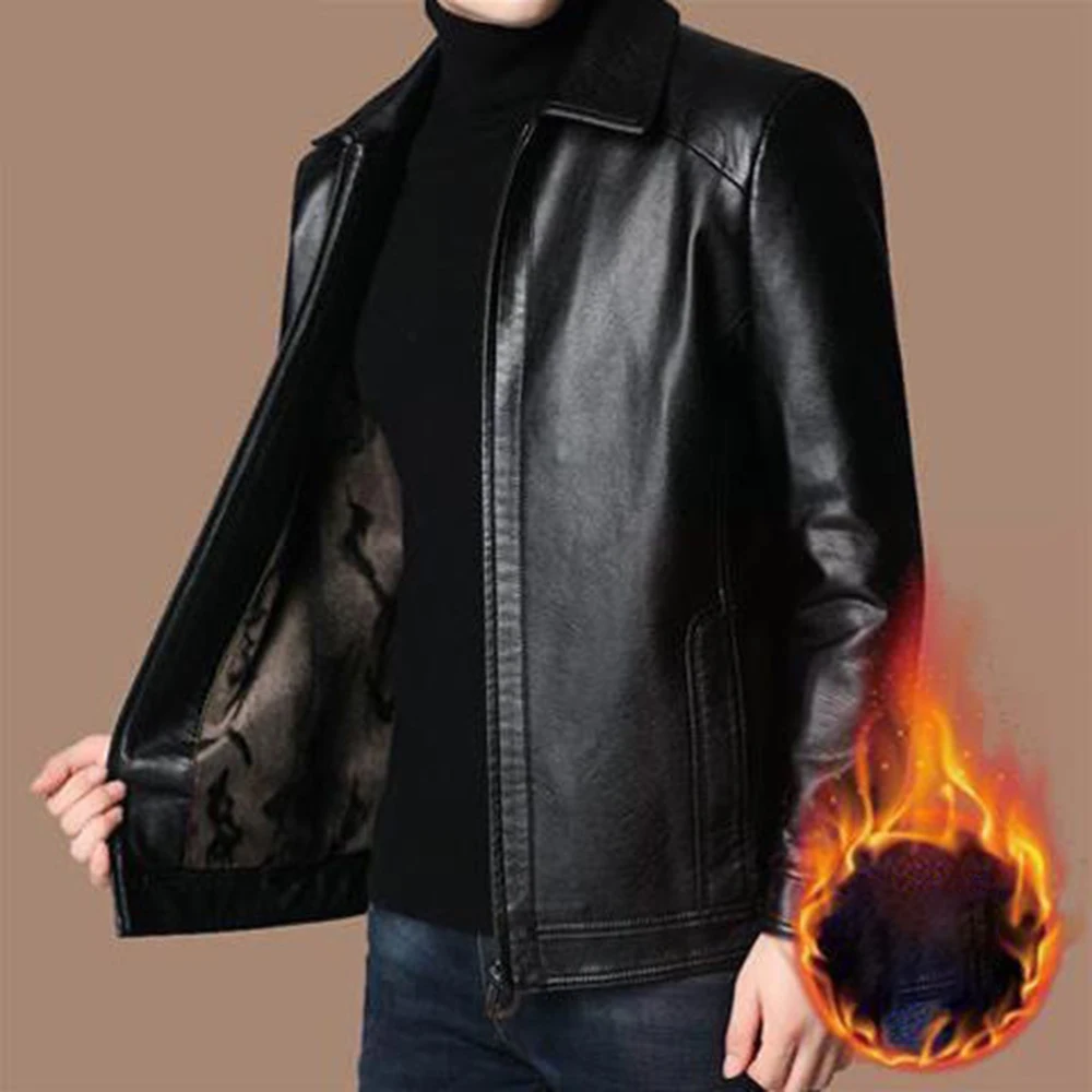 

Polyester Fabric Mens Leather Jacket Warm Leather Trim Solid Color Design For Vacation Casual Warm Leather Jacket