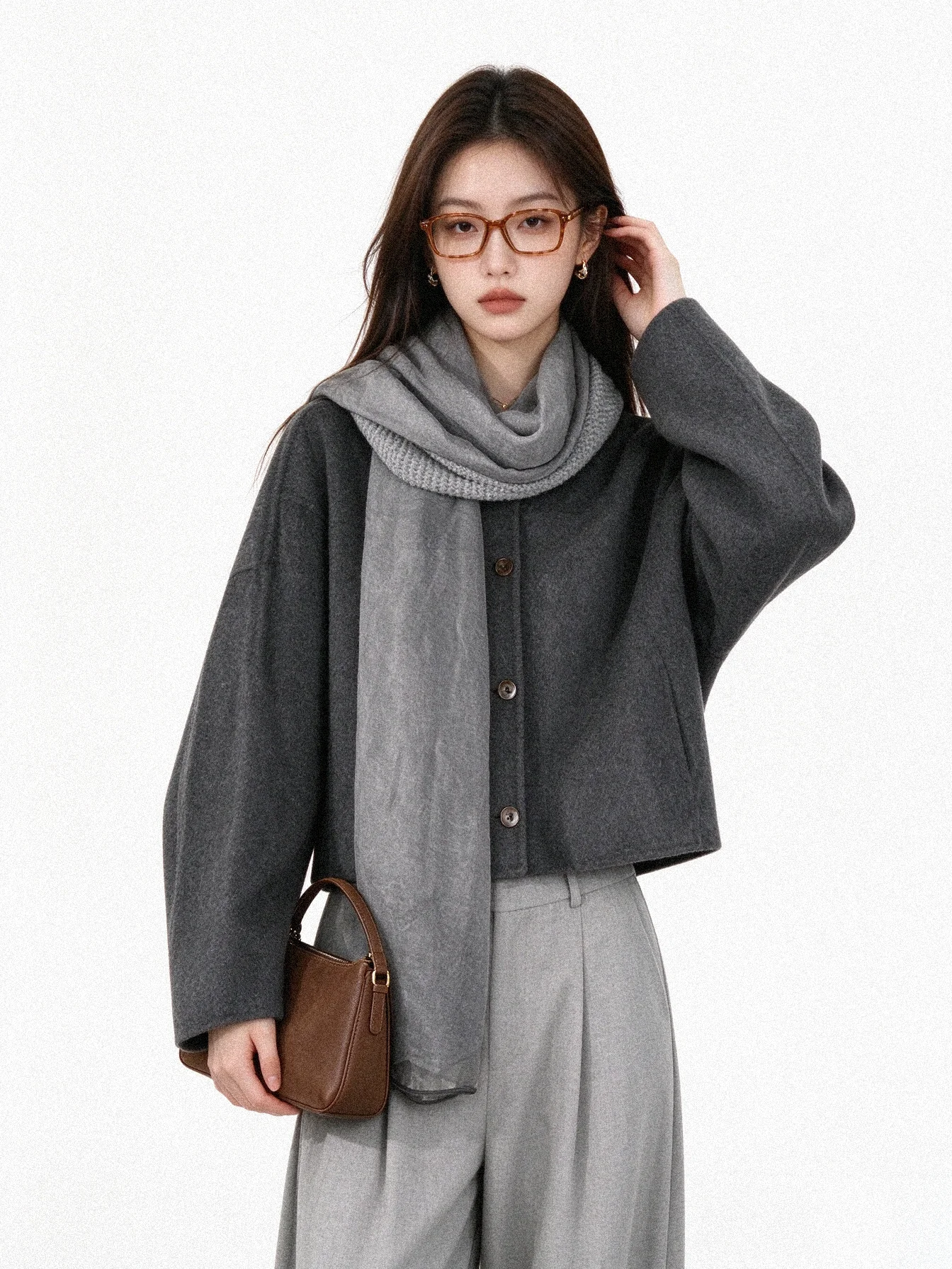 Autumn Winter Double-Faced Woolen Short Coat Casual Style round Neck Open-Closed Sleeve Long Warmth Straight Tube Female Jacket