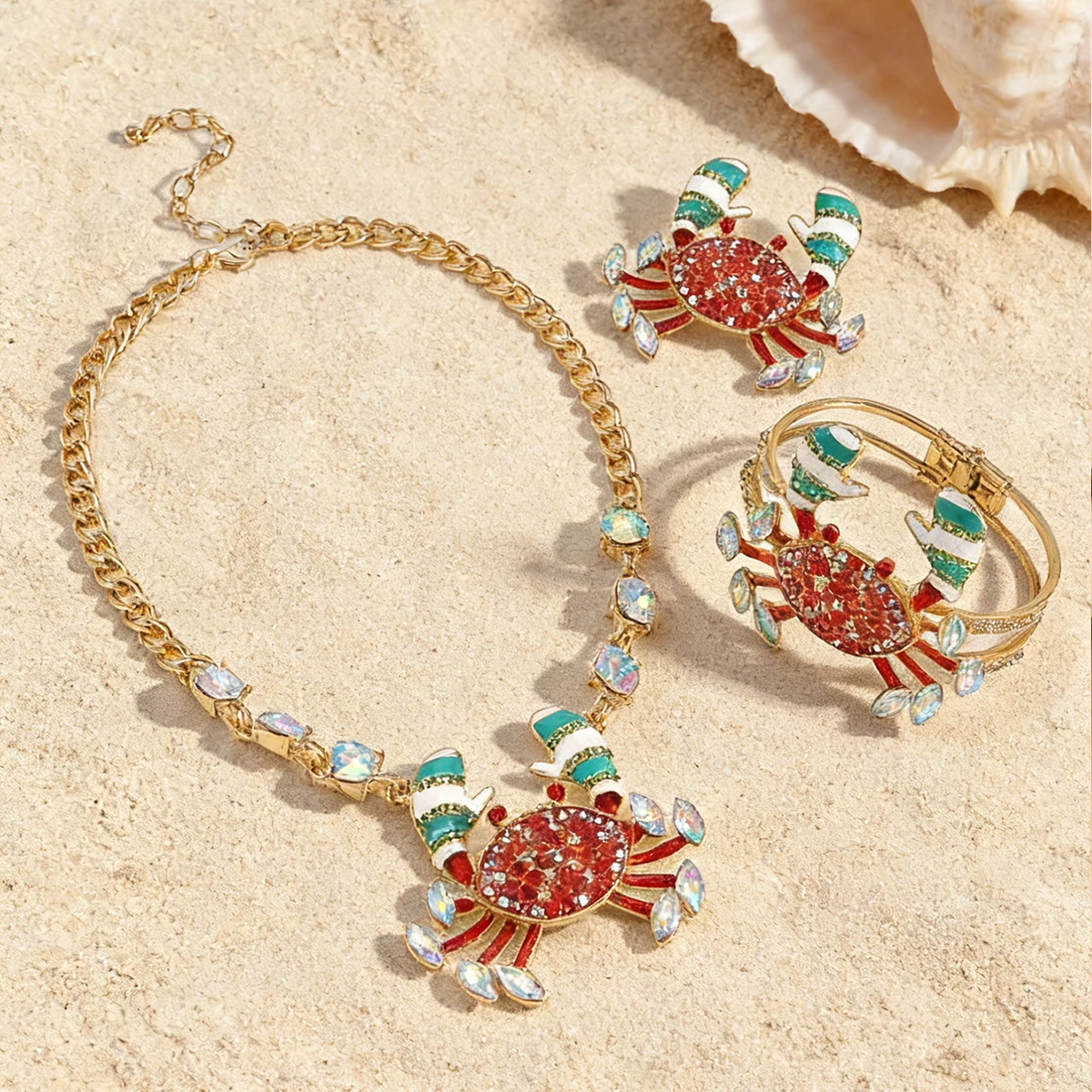

Trendy Luxury Crab Necklace Bracelet Brooch Rhinestone Inlaid Enamel Crab Summer Vacation Beach Party Jewelry