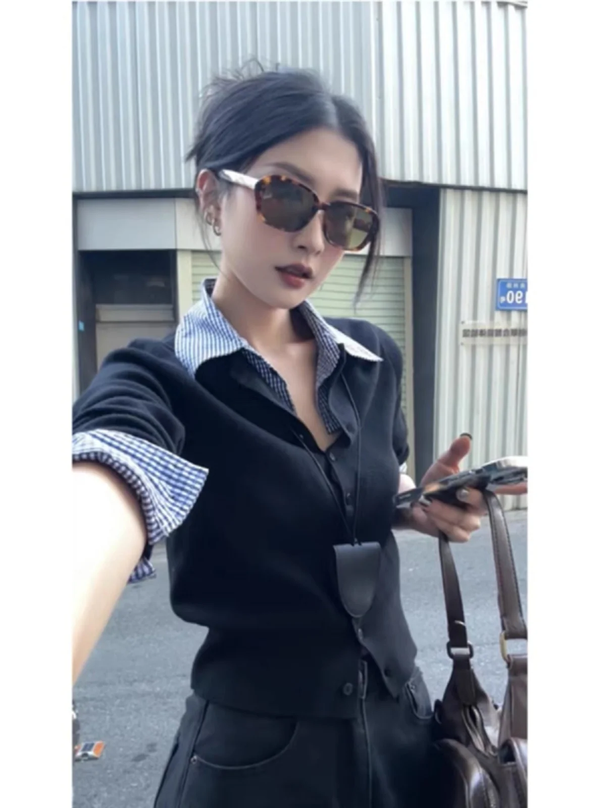 Slim Fit  Neck T-Shirt Female Splice Design Commute Style Korean Version Large Size Long Sleeve Autumn New Arrival