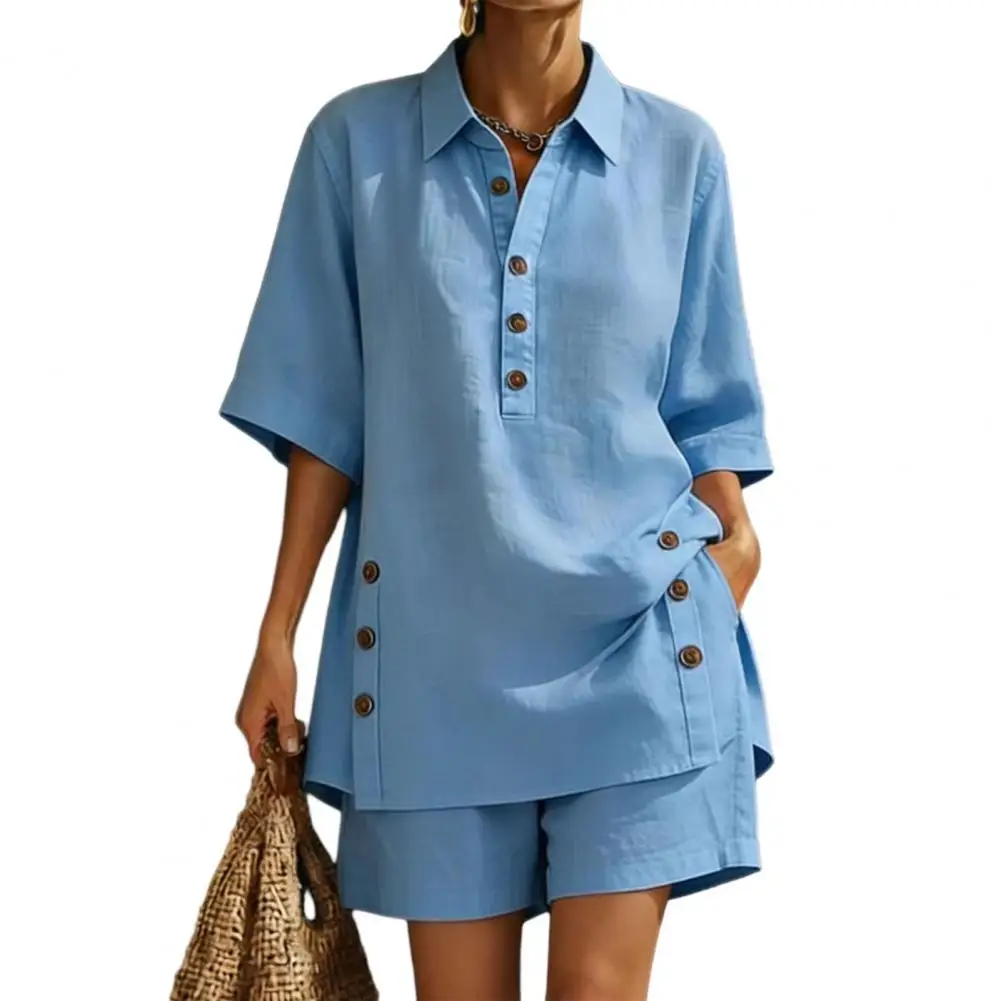 Lapel Button Shirt Cotton Linen Women’s 2 Piece Outfit Button Short Sleeve Shir… - Image 4