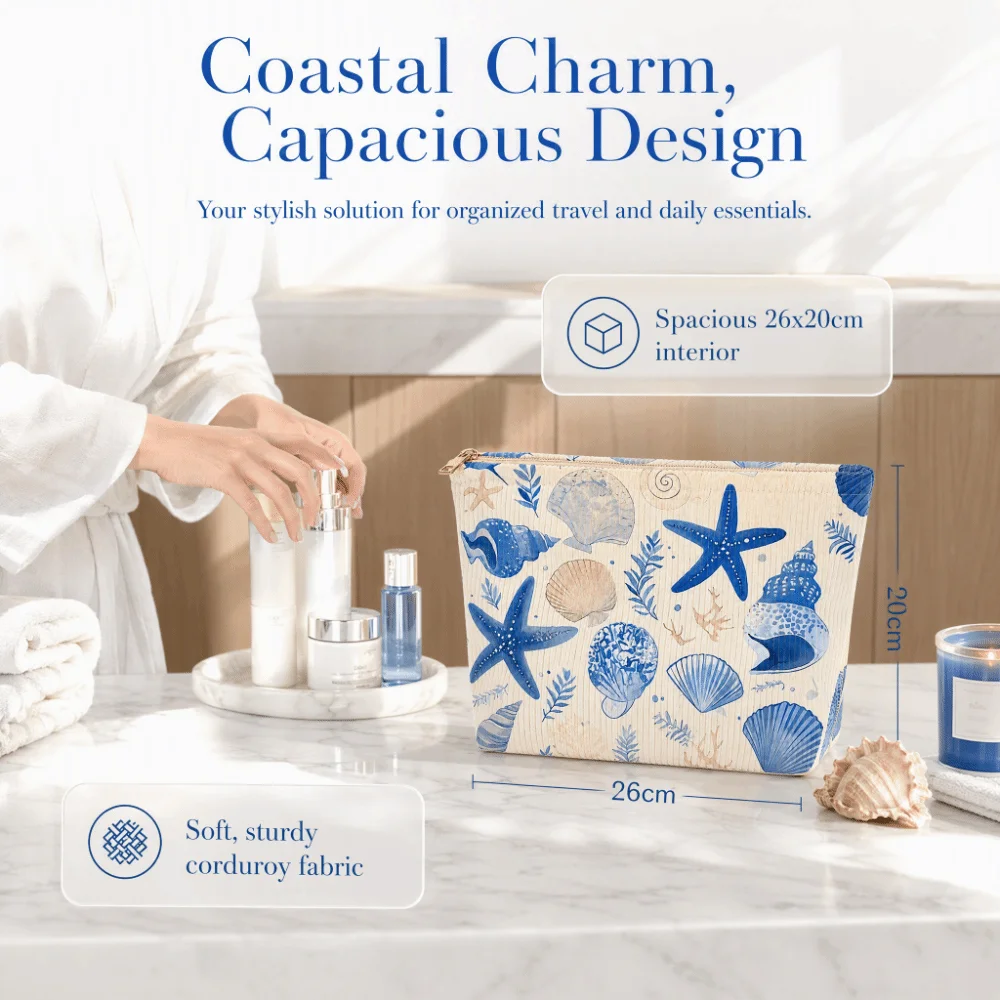 Starfish Shell Print Storage Makeup Pouch Large Capacity 2D Printed Corduroy Makeup Bag Cosmetic Organizer Ocean Animal