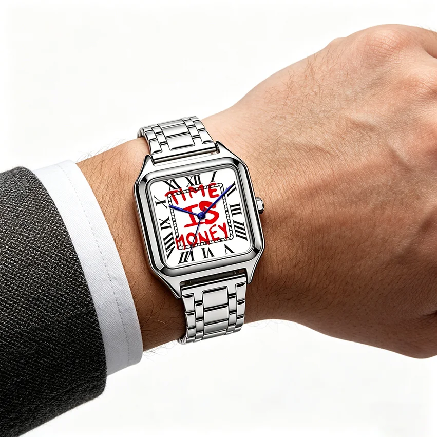 Ladies' Men Square Luxury Watch, Slogan Text on the Large Dial, 30-Meter Water Resistance, Elegant Design, Stainless Steel Strap